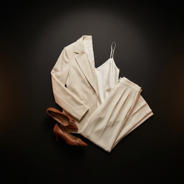 Cream jacket, camisole, trousers and brown heels laid out as one outfit