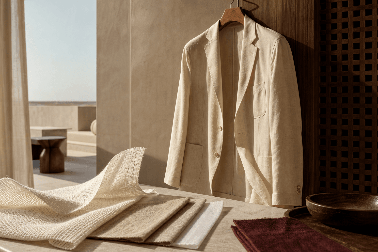 An unstructured cream jacket and open-weave cloth swatches in a warm, quiet interior.