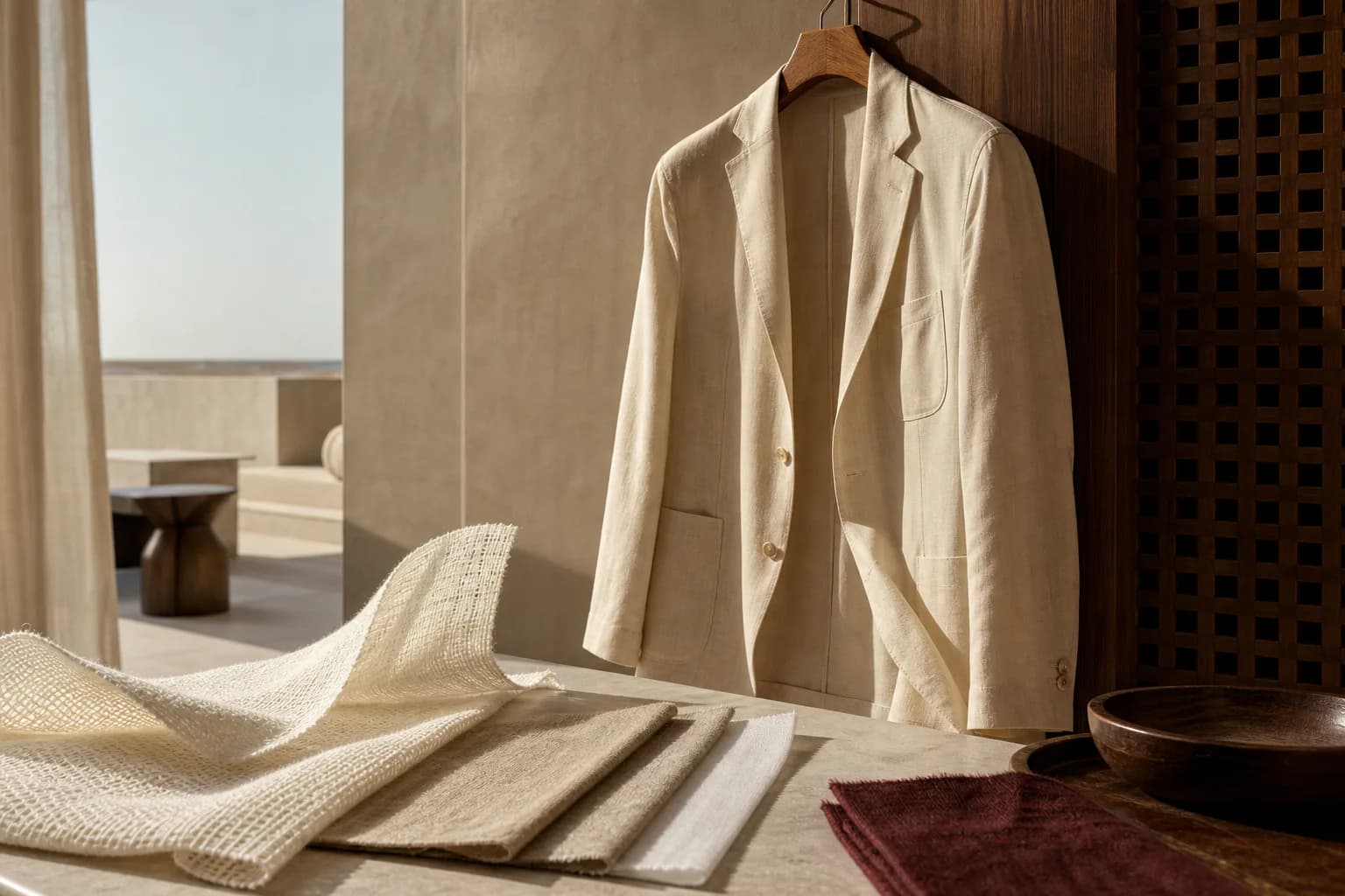 An unstructured cream jacket and open-weave cloth swatches in a warm, quiet interior.