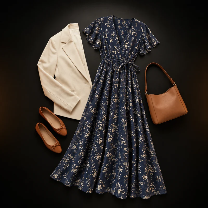 Navy floral maxi dress, cream blazer, tan flat shoes and shoulder bag laid out as one outfit