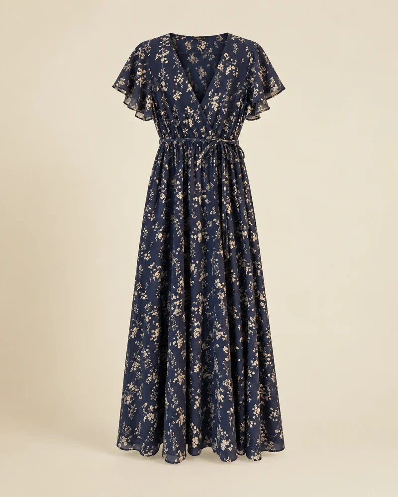 Illustration of the same navy floral maxi dress against a clean studio background